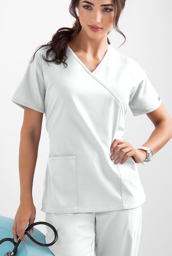 Butter-Soft Core Women's 2-Pocket Solid Mock Wrap Scrub Top - White - 3