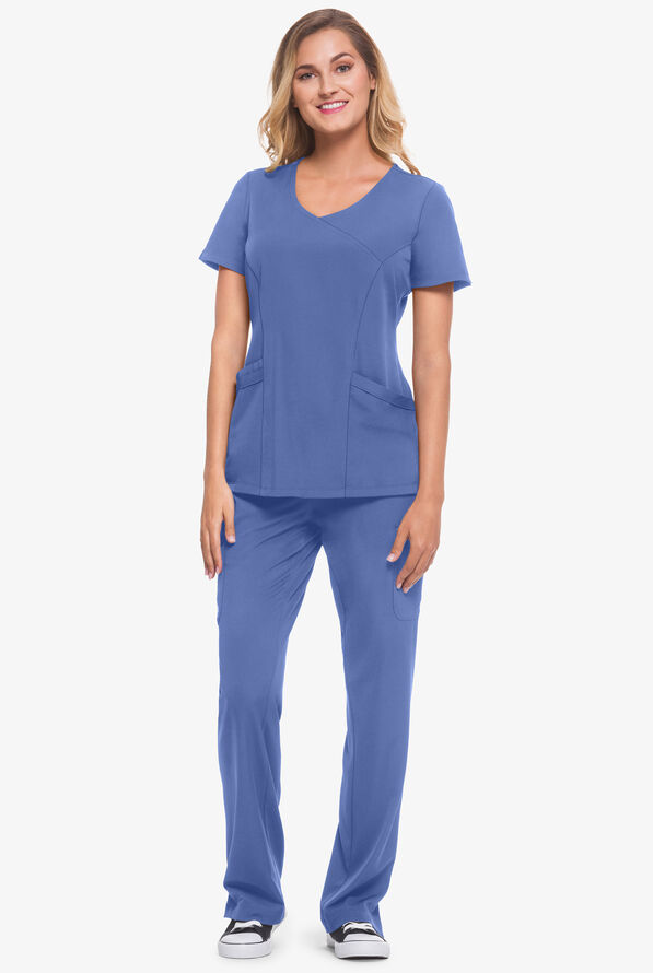 HH Works by Healing Hands Madison Women's 4-Pocket STRETCH Mock Wrap Scrub Top - Ceil Blue - 2