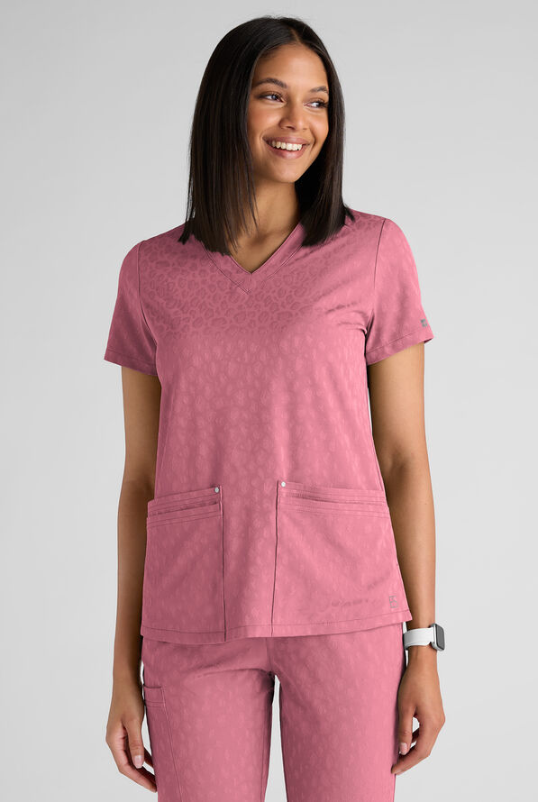 Easy STRETCH Lina Women's Jacquard 4-Pocket V-Neck Scrub Top - Tea Rose - 1