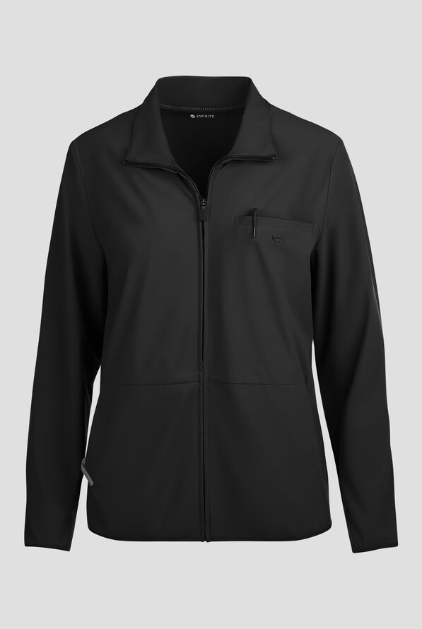 Infinity PURSUIT Women's 3-Pocket STRETCH Front Zip Warm-Up Scrub Jacket - Black - 1