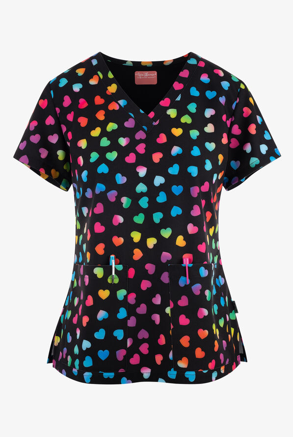 Zavate Ava Therese Rainbow Love Hearts Women's 2Pocket STRETCH VNeck