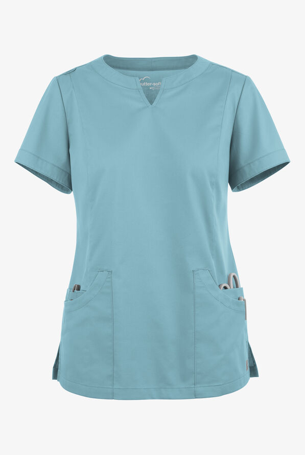 Butter-Soft STRETCH Women's 4-Pocket Notch Neck Scrub Top - Dew Drop - 1