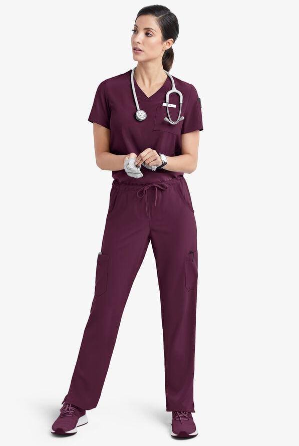 Easy STRETCH Chloe Women's 3-Pocket V-Neck Tuck-In Scrub Top - Dark Mulberry - 2