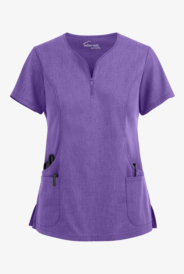 Butter-Soft STRETCH Women's 4-Pocket Curved Neck Zipper Scrub Top - Sparkling Grape Heather - 1