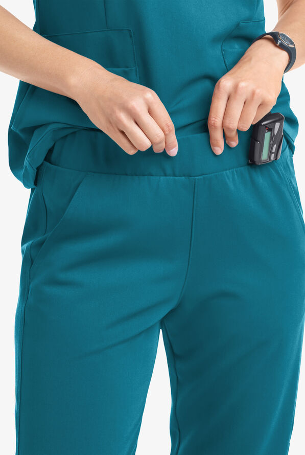 MOVEMENT by Butter-Soft Vega Women's 5-Pocket Flat Front Jogger STRETCH Scrub Pants - Petite - Caribbean Blue - 2
