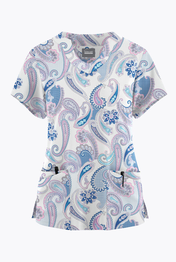 Blusa médica estampada Butter-Soft Originals Kashmir Paisley con cuello festoneado y 6 bolsillos para mujer - null - 1