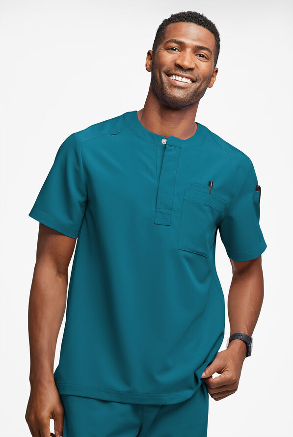 MOVEMENT by Butter-Soft Eclipse Men's 4-Pocket Short Sleeve Henley Scrub Top - Caribbean Blue - 2