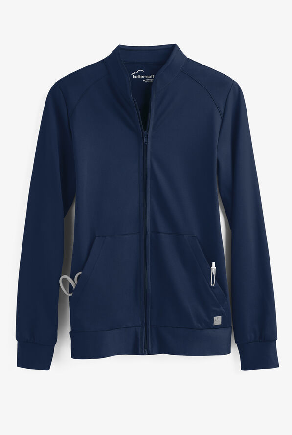Butter-Soft STRETCH Women's 2-Pocket Technical Knit Zip Front Scrub Jacket - Navy - 1