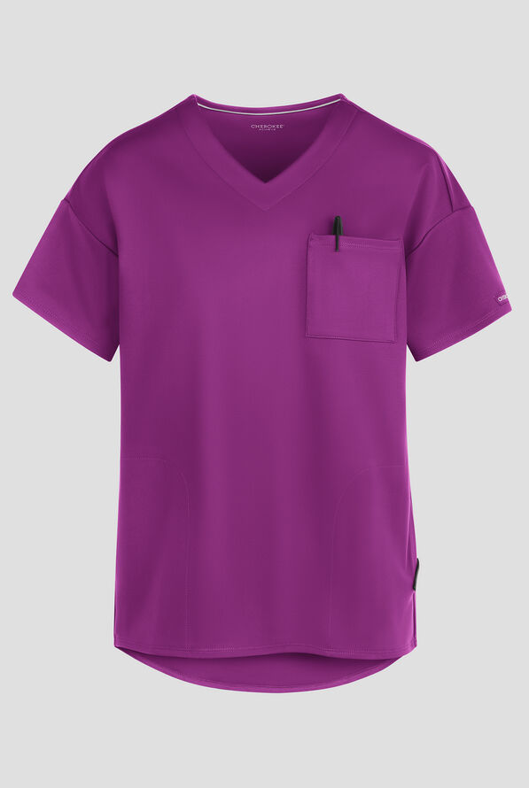Cherokee Achieve Women's 3-Pocket  STRETCH Tunic V-Neck Knit Scrub Top - Wild Mulberry - 1