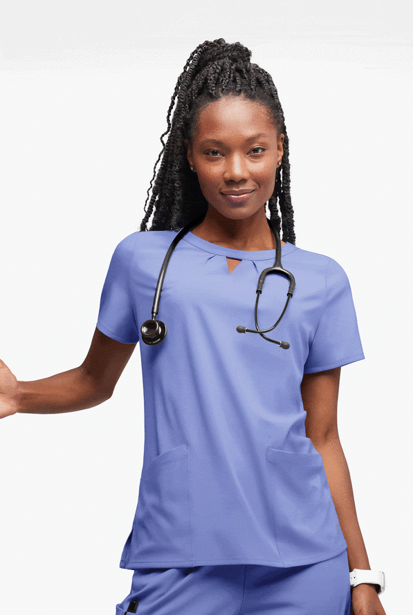 Easy STRETCH Salma Women’s 3-Pocket Keyhole Neck Scrub Top - Ceil Blue - 4