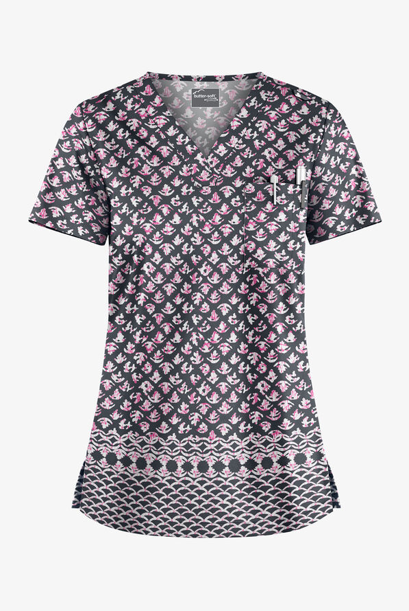 Butter-Soft STRETCH Night Garden Pewter Women's 1-Pocket V-Neck Print Scrub Top - null - 1