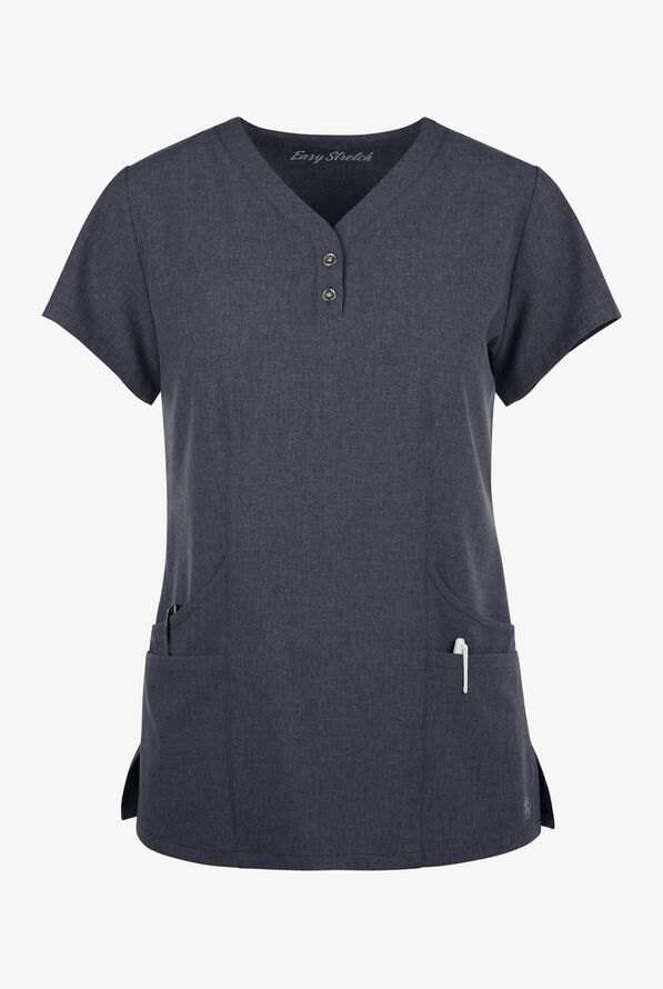 Easy STRETCH Demi Women's 4-Pocket Henley Scrub Top - Charcoal Heather - 1