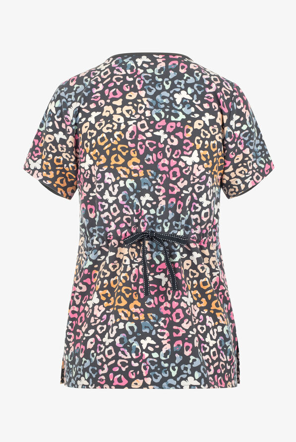 Zoe & Chloe Cattitude Animal Women's 2-Pocket STRETCH V-Neck Tie-Back Print Scrub Top - null - 2