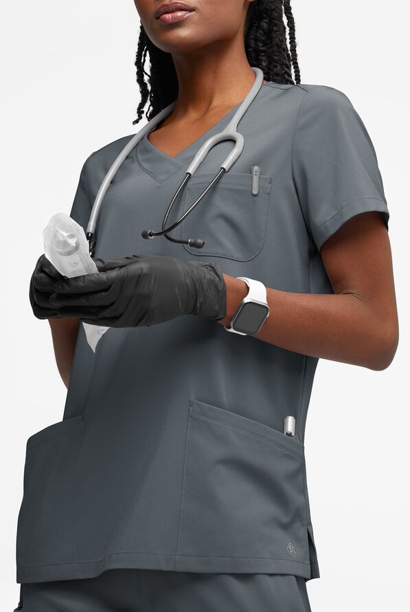 Easy STRETCH Tessa Women's 5-Pocket V-Neck Scrub Top - Pewter - 2