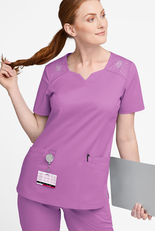 Blusa m&eacute;dica UA Butter-Soft STRETCH Crystal Bling con 6 bolsillos para mujer - Orchid - 5