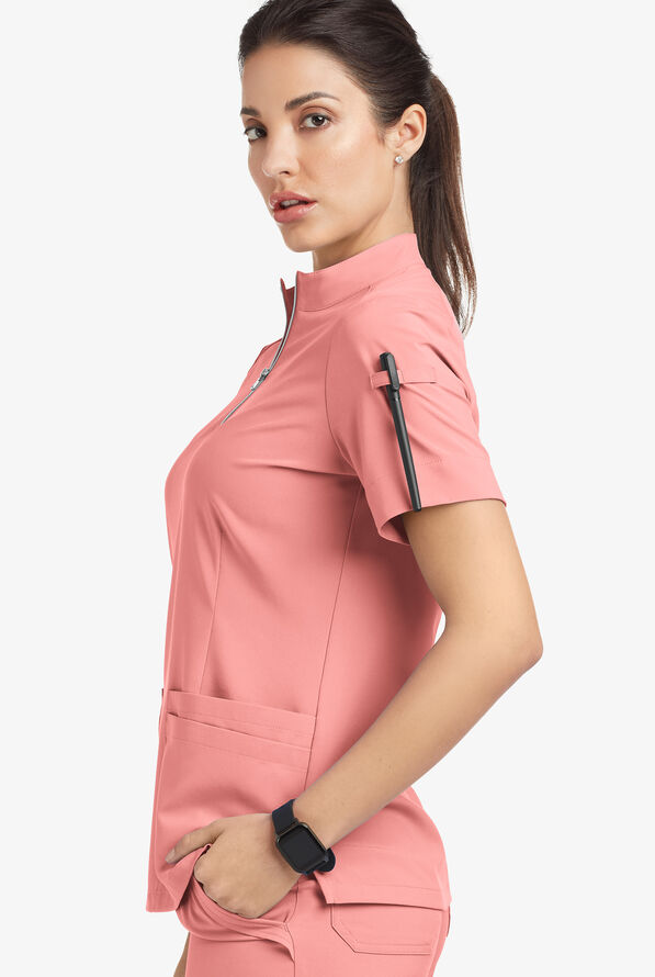 Blusa médica Easy STRETCH Jen con cremallera en el cuello y 4 bolsillos para mujer - Autumn Coral - 5