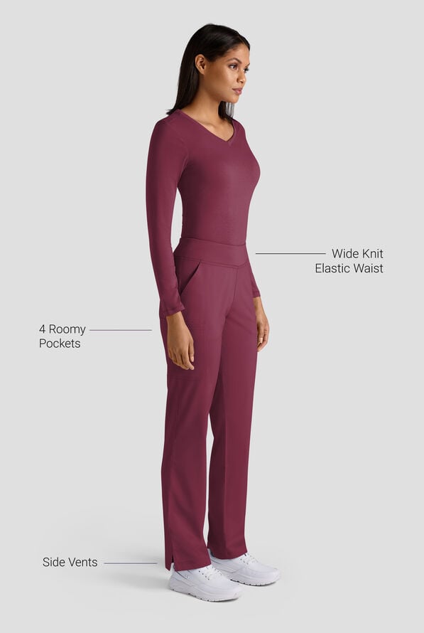 Butter-Soft STRETCH Women's 4-Pocket Knit Waistband Yoga Scrub Pants - Tall - Wine - 3
