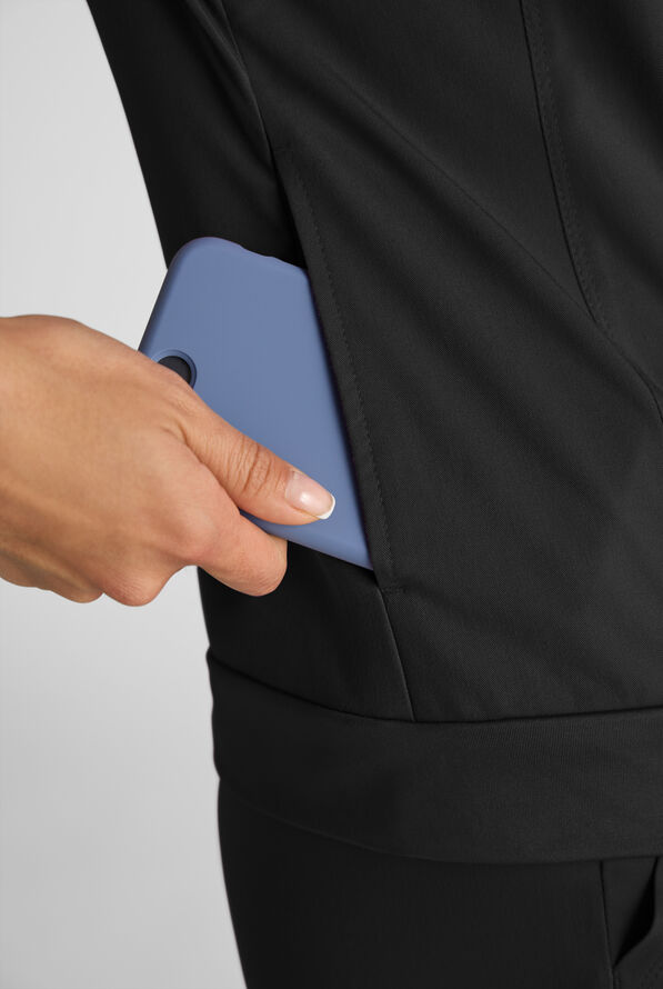 Grey's Anatomy by Barco Emerge Rowen Women's 2-Pocket STRETCH Banded Bottom Zip Scrub Top - Black - 5