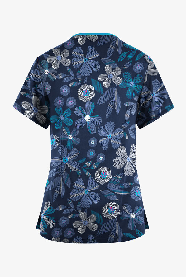 Butter-Soft Originals Linear Floral Ceil Women's 3-Pocket Criss Cross Print Scrub Top - null - 2