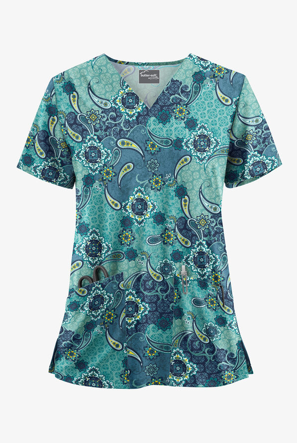 Butter-Soft STRETCH Mixed Medallion Navy Women's 2-Pocket V-Neck Print Scrub Top - null - 1