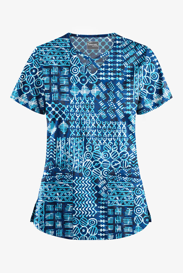 Blusa médica estampada UA Butter-Soft STRETCH Dondo Patchwork Navy con detalles entrecruzados y 4 bolsillos para mujer  - null - 1