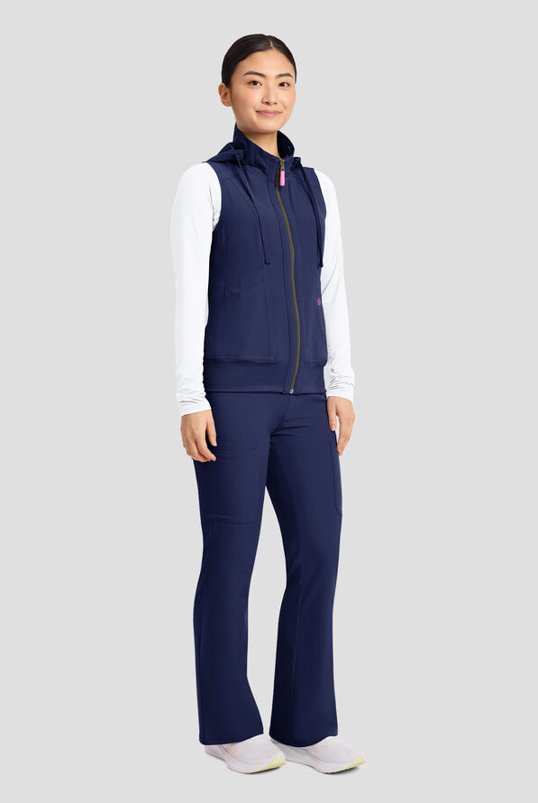 Med Couture Amp Women's 4-Pocket STRETCH Zip Front Removable Hoodie Scrub Vest - Navy - 7