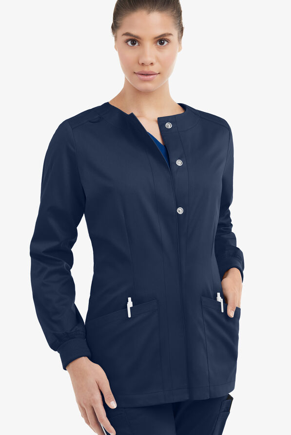 Butter-Soft STRETCH Women's 2-Pocket Long Sleeve Snap Front Scrub Jacket - Navy - 2