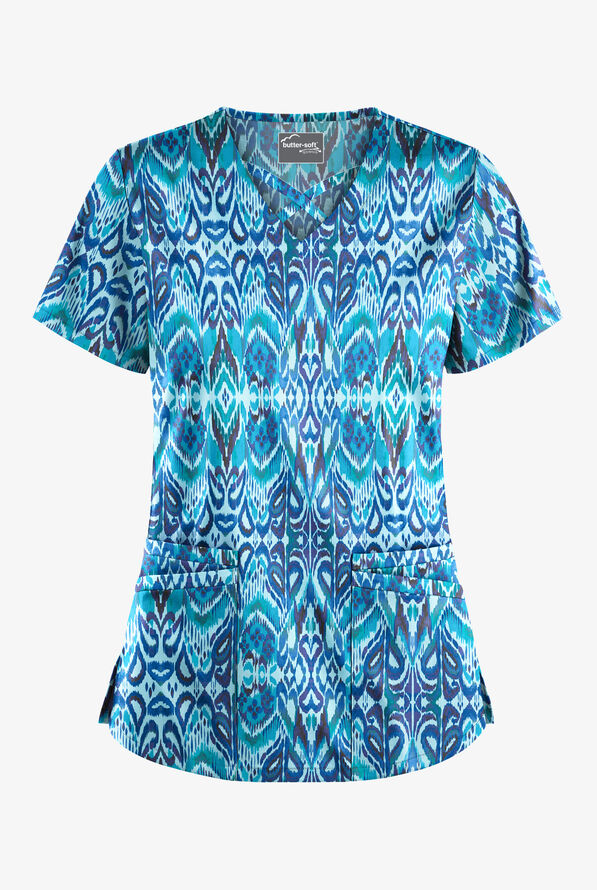 Butter-Soft STRETCH Romanian Ikat Dew Drop Women's 4-Pocket Crisscross Print Scrub Top - null - 1