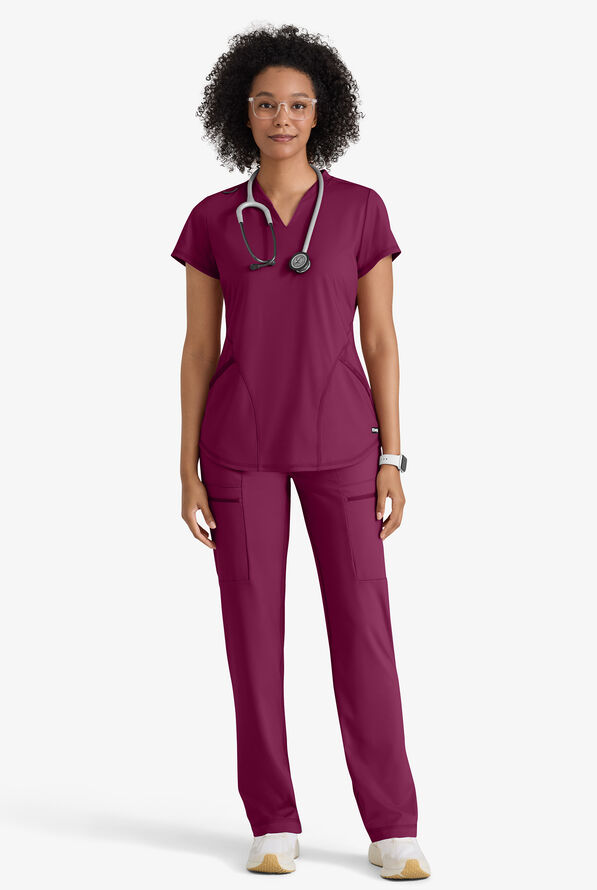 Grey's Anatomy by Barco Knit STRETCH Define Women's 2-Pocket Banded Notched V-Neck Scrub Top - Wine - 3