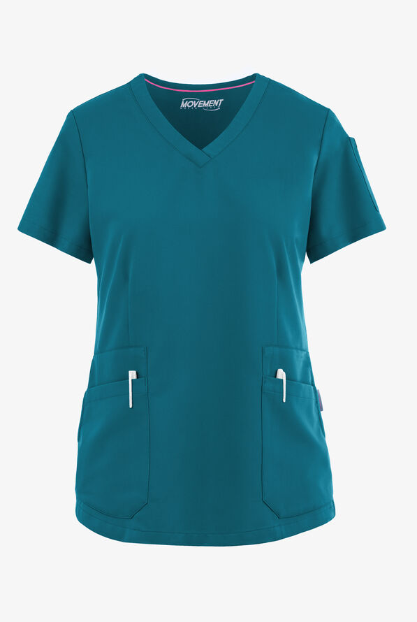 Blusa m&eacute;dica MOVEMENT by Butter-Soft Antares STRETCH con cuello en V y 6 bolsillos para mujer - Caribbean Blue - 1