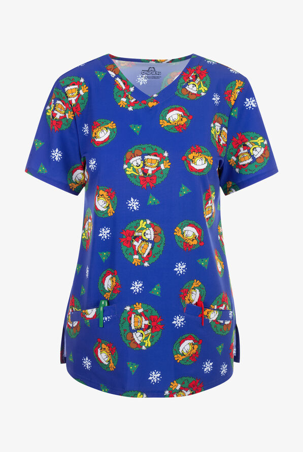 Blusa médica estampada FUNSCRUBS Garfield Christmas STRETCH con cuello en V y 2 bolsillos para mujer - null - 1
