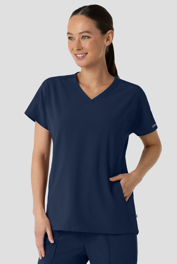 Wink Renew Women's 2-Pocket STRETCH Knit-Trim Dolman Tunic V-Neck Scrub Top - Navy - 3