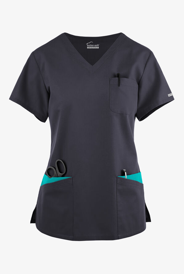 Blusa médica Butter-Soft Originals con cuello en V curvo y 7 bolsillos para mujer - Pewter/Teal - 1