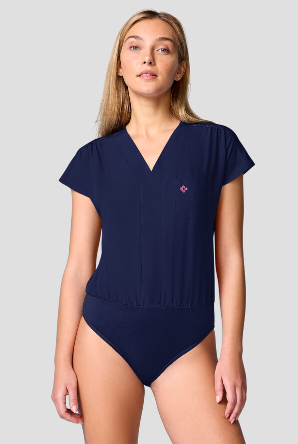 Med Couture Amp Women's 1-Pocket STRETCH Dolman Sleeve V-Neck Scrub Body Suit - Navy - 1