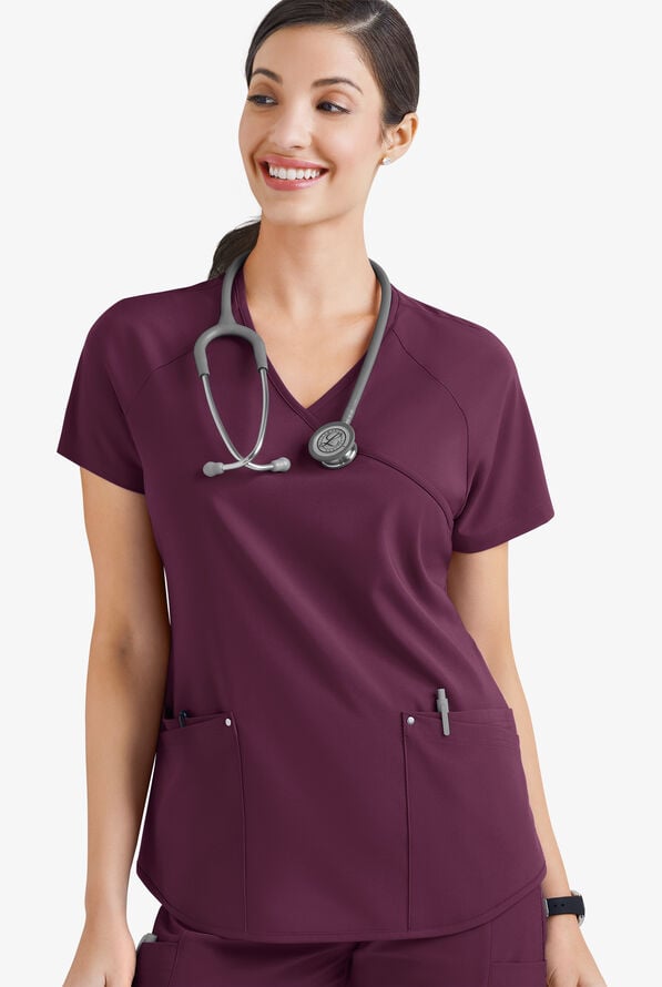Easy STRETCH Cara Women's 4-Pocket Raglan Scrub Top - Dark Mulberry - 3