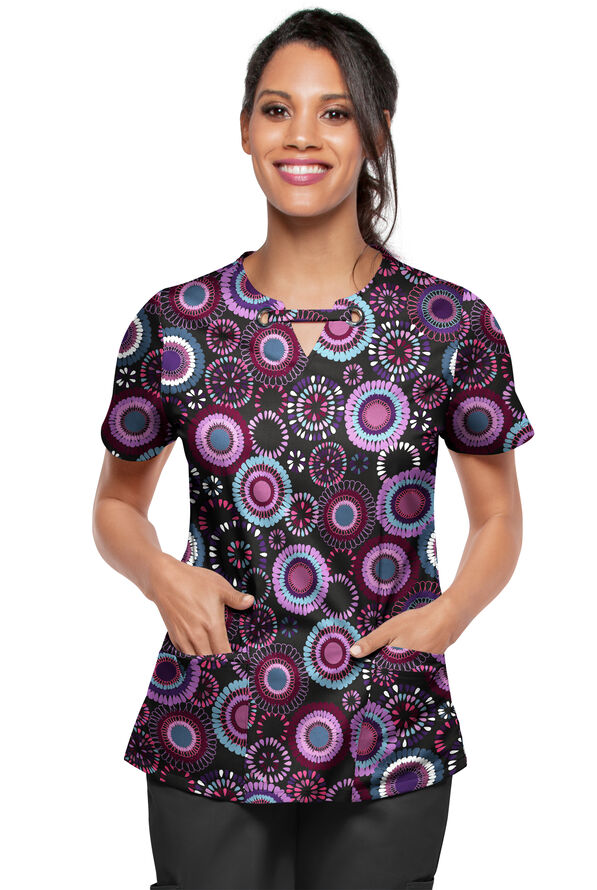 Strictly Scrubs STRETCH Odessa Floral Women's 4-Pocket Grommet Neck Print Scrub Top - null - 2
