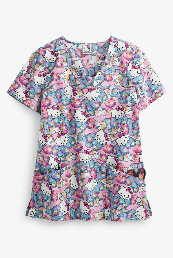 Cherokee Tooniforms Sanrio Hello Kitty Rainbow Women's 2-Pocket V-Neck Print Scrub Top - null - 1
