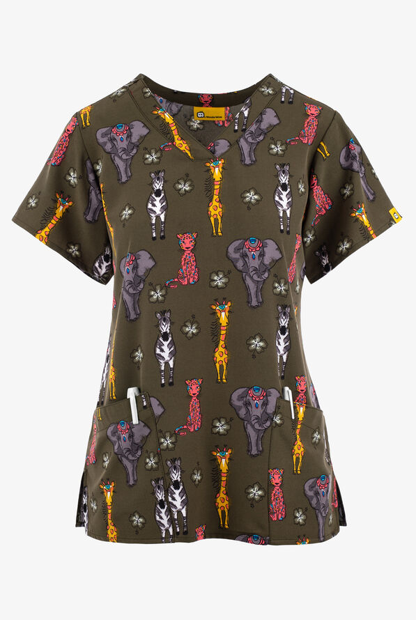 WonderWink Safari Summer Elephants Women's 2-Pocket STRETCH V-Neck Print Scrub Top - null - 1