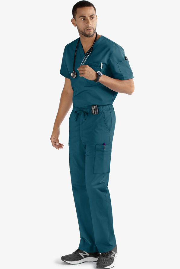 Butter-Soft STRETCH Men's 9-Pocket Zip Front Cargo Straight Leg Scrub Pants - Caribbean Blue - 2