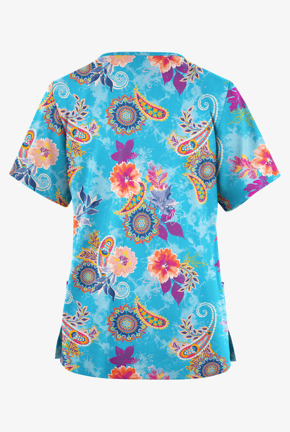 Butter-Soft Originals Turin Paisley Turquoise Women's 2-Pocket Classic Fit V-Neck Print Scrub Top - null - 2