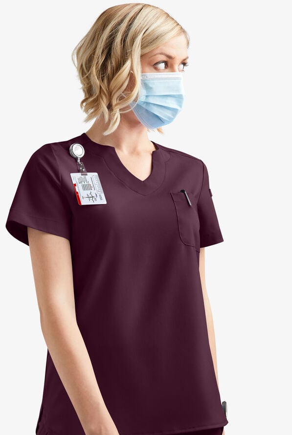 Easy STRETCH Nikki Women's 1-Pocket Scallop Neck Tuck-In Scrub Top - Dark Mulberry - 7