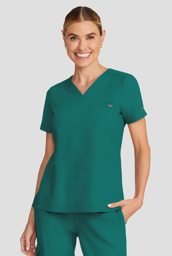 Healing Hands Quest Women's 1-Pocket STRETCH Tuck In V-Neck Scrub Top - Hunter - 2