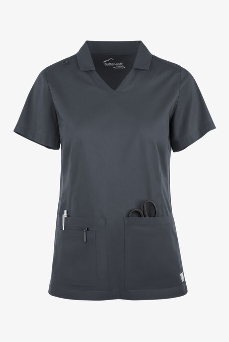 Butter-Soft STRETCH Women's 3-Pocket Short Sleeve Collar and Knit Panels Scrub Top
