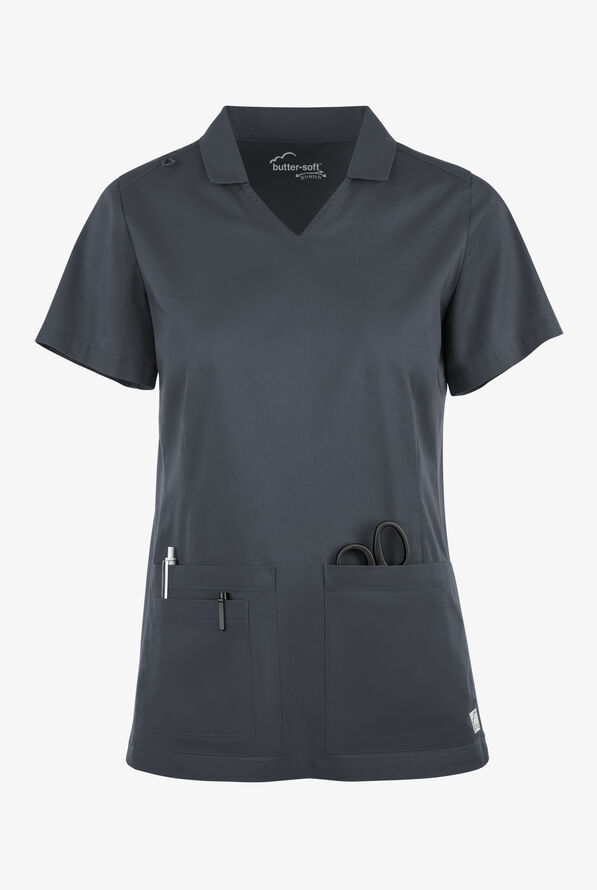 Butter-Soft STRETCH Women's 3-Pocket Short Sleeve Collar and Knit Panels Scrub Top - Pewter - 1