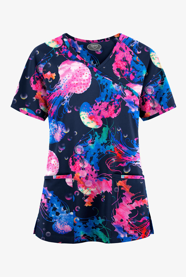 Blusa médica estampada Happy Scrubs Serenity Voyage Navy estilo cruzado con mangas raglán y 3 bolsillos para mujer - null - 1