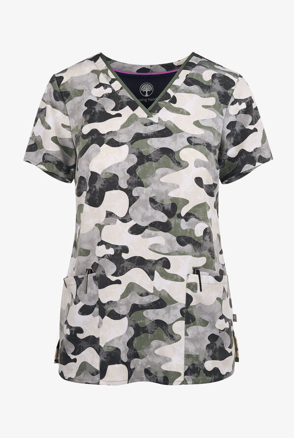 Healing Hands Stylized Camo Women's 3-Pocket STRETCH V-Neck Print Scrub Top - null - 1
