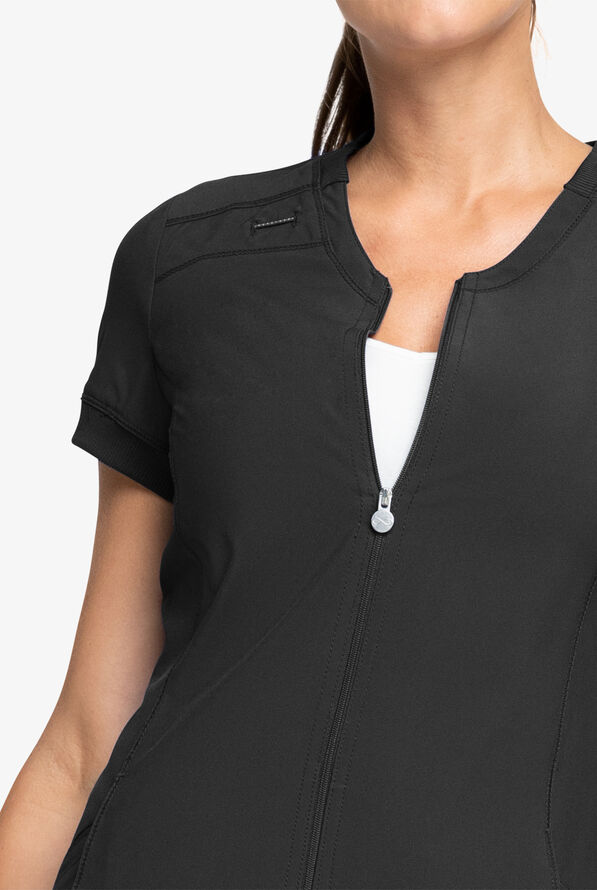 Infinity Women's 4-Pocket STRETCH Round Neck Zip Front Scrub Top - Black - 5