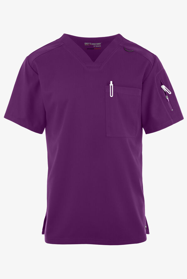 Grey's Anatomy by Barco Spandex STRETCH Murphy Men's 2-Pocket V-Neck Scrub Top - Eggplant - 1