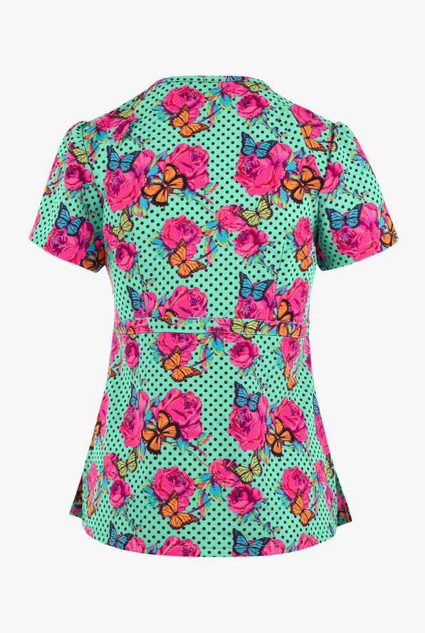 Betsey Johnson Polka Floral and Butterflies Women's 2-Pocket STRETCH Mock Wrap Print Scrub Top - null - 2