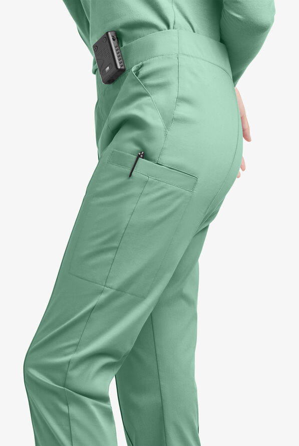 Butter-Soft STRETCH Women's 6-Pocket Pin-Tuck Crop Slim with Sport Trim Detail Scrub Pants - Water Mint/Silver Melange - 7